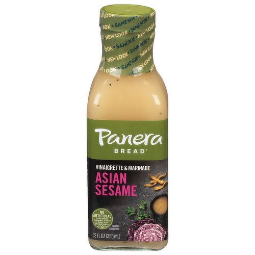 New look. Same size. Panera invites you to make every one of your meals fantastic. Dress, drizzle and dip. Discover the craveability of our delicious dressings. A sweet and savory dressing, full of roasted sesame flavor and finished with hints of onion and parsley.