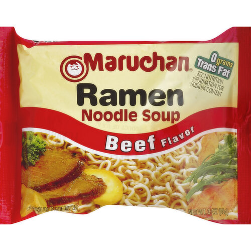 Cooks in 3 minutes. 0 grams trans fat. See nutrition information for sodium content. Ramen Noodles are versatile. Ramen Noodles can be used easily as a main course or as it enhancing side dish. To do this, simply drain off the broth then add any variety of vegetables or your favorite meet before warming in a frying pan or oven. You made reduce the sodium level by simply using less of the seasoning packet. Quality guaranteed. www.maruchan.com. Americas finest ramen noodle soups. Made in USA.