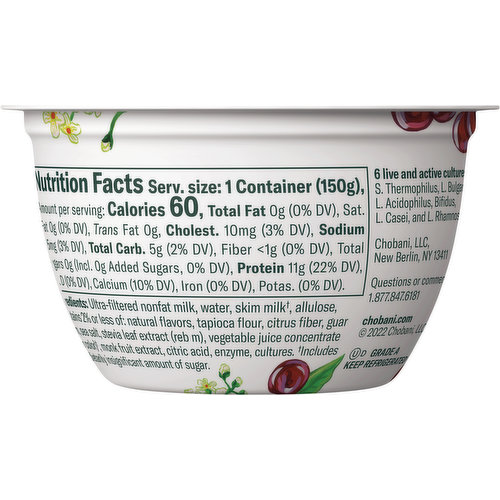Chobani Yogurt, Zero Sugar, Black Cherry Flavor