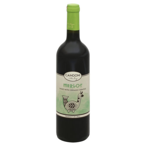 Made with organic grapes. Indicazione Geografica Protetta. Red wine made with organically grown grapes. Candoni's organically grown grapes come from unspoiled vineyards in northeastern Italy. Our grapes are cultivated according to the organic agriculture method, a growing technique which doesn't use any synthetic chemical substances. The result is a mellow, fruity and delicious Merlot wine. The front image depicts an Etruscan pottery wine vessel in the shape of a bull that was used for pouring wine. www.candoniwines.com. Certified organic by Suolo E Salute S.R.L. Please recycle. Alc. 12.5 % by vol. Bottled by: I.C.Q. TV/12091 - Italy - Candoni Wines. Product of Italy.