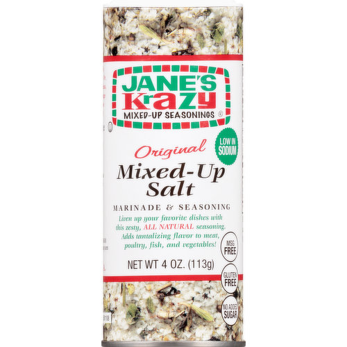 Gluten free. No added sugar. Low in sodium. Marinade & seasoning. Liven up your favorite dishes with this zesty, All natural seasoning. Adds tantalizing flavor to meat, poultry, fish, and vegetables! MSG free. Use on meat, poultry, fish, meatloaf, barbecue, or stew. Or try Jane's with soup, eggs, pizza, your favorite casserole, cottage cheese, gravy, stuffing the possibilities are endless! Get Krazy with it! MSG free.  www.janeskrazy.com. Product of U.S.A.