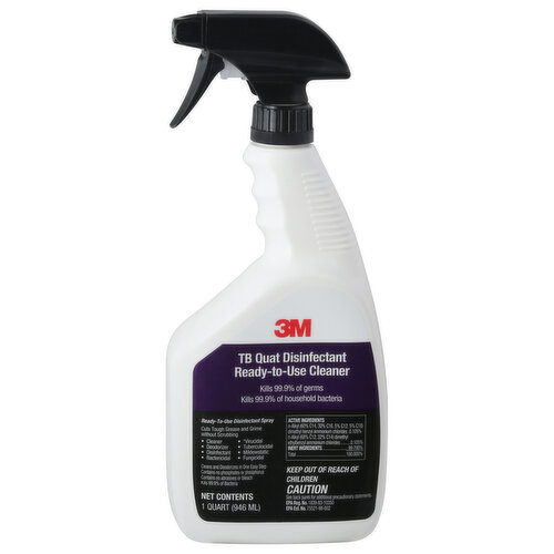 Kills 99.9% of germs. Kills 9.9% of household bacteria. Ready-to-use disinfectant spray: Cuts tough grease and grime without scrubbing: Cleaner, deodorizer, disinfectant, bactericidal, (Virucidal activity : When used as directed, this product kills the following organisms on hard, non-porous inanimate surfaces: Rhinovirus type 39 and rotavirus for 3 minutes: and norovirus for 30 seconds. Kills pandemic 2009 H1N1 Influenza A virus.) virucidal, tuberculocidal, mildewstatic, fungicidal. Cleans and deodorizes in one easy step contains no phosphates or phosphorus. Contains no abrasives or bleach kills 99.9% of bacteria. TB Quat disinfectant ready-to-use cleaner is designed specifically as a general non-acid cleaner and disinfectant for use in homes where housekeeping is of prime importance in controlling the hazard of cross contamination. It is formulated to disinfect hard, non-porous, inanimate environmental surfaces: floors, walls, metal surfaces, stainless steel surfaces, glazed porcelain, glazed ceramic tile, plastic surfaces, bathrooms, shower stalls, bathtubs and cabinets. For plastic and painted surfaces, spot test on an inconspicuous area before use. A rinse with portable water is required for surfaces in direct contact with food. Empty bottle is recyclable.