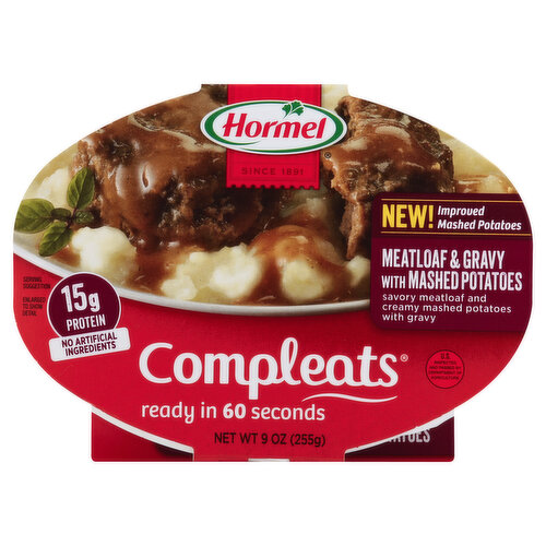 Savory meatloaf and creamy mashed potatoes with gravy. No artificial ingredients. 15 g protein. Ready in 60 seconds. US inspected and passed by Department of Agriculture. New! Improved mashed potatoes. Since 1891. Visit www.hormel.com.
