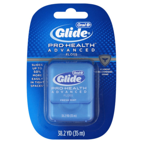 38.2 yd (35 m). Slides up to 50% more easily in tight spaces (vs. regular floss). No. 1 dentist recommended brand. Experience the Glide Difference. Satisfaction guaranteed, or your money back (For guarantee, call 1-877-769-8791 within 60 days of purchase with UPC and receipt to receive a pre-paid card in the amount of the purchase). Glide Pro-Health Advanced - the most advanced floss from Glide ever. It helps reverse gingivitis as part of a comprehensive dental program. Protects against gingivitis, cavities, and bad breath. Patented floss slides up to 50% more easily in tight spaces. Effectively removes plaque and food particles in between teeth to help prevent cavities. Invigorates gums and provides a minty cool feeling every time you floss. Questions? 1-800-645-4337. www.oralb.com. www.pg.com.