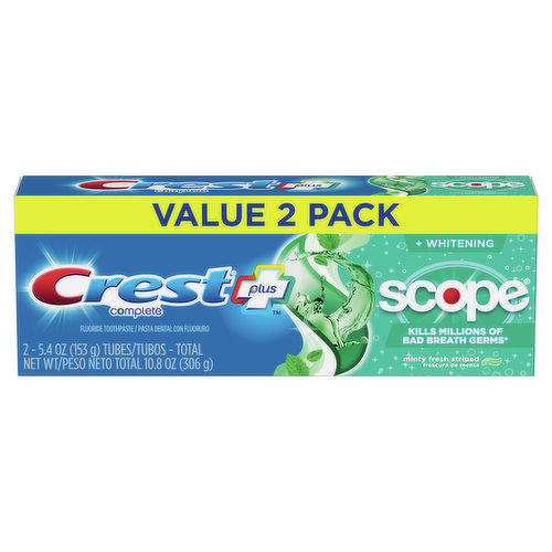 Crest Whitening Plus Scope Whitening Plus Scope Toothpaste, Minty Fresh, 5.4 oz, 2 Pack
