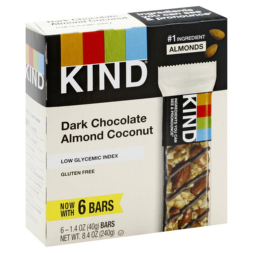 0 g trans fat. 12 g fat per bar. Gluten free. Dairy free. Very low sodium. Low glycemic index. No sugar alcohols. Good source of fiber. See nutrition panel for saturated fat content. No genetically engineered ingredients. No.1 ingredient almonds. Now with 6 bars. Ingredients you can see & pronounce. Looking for a snack that will help curb hunger and delight taste buds at the same time? You've come to the right place. Whether you dine at the trendiest restaurants or prefer eating at home, Kind! snacks are filled with premium whole ingredients in a variety of delicious flavors that are sure to satisfy any palate. 28% nuts. 19% fruit. Do the kind thing for your body, your taste buds & your world. Welcome to the Kind community! Here at Kind, we think a little differently. Instead of or we say and. We choose healthy and tasty, convenient and wholesome, economically sustainable and socially impactful. From the snacks and foods we make, to the way we work, live, and give back, our goal is to make Kind not just a brand, but also a state of mind and community to make the world a little kinder. Kindly yours, Daniel Lubetzky, Kind Founder. kindsnacks.com. Tell us your favorites & join the conversation: kindsnacks.com. Learn more at kindsnacks.com. Recycle this carton. FSC: Recycled - Board. Made in USA with domestic and imported ingredients.