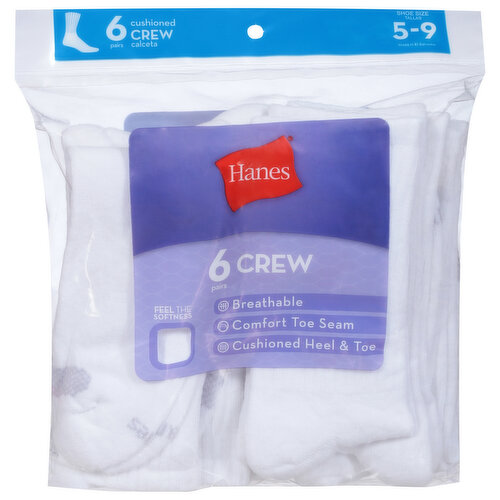 Hanes Socks, Crew, Cushioned, Shoe Size 5-9