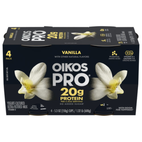 Oikos Pro Yogurt, Cultured, Ultra-Filtered Milk, Vanilla, 4 Pack