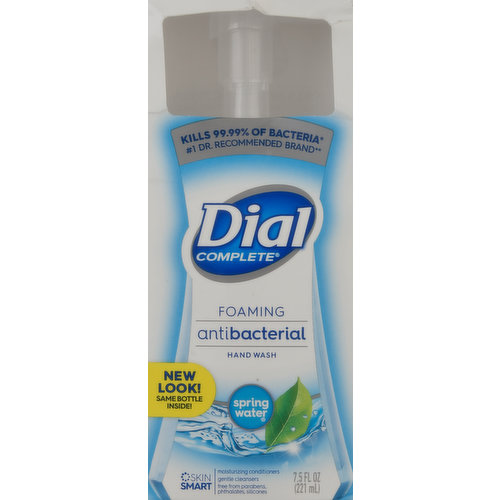 Kills 99.99% of bacterial (Encounter in household settings). No. 1 Dr. recommended brand (Antibacterial hand soap brand). New look! same bottle inside! Skin smart. Moisturizing conditioners. Gentle cleansers. Free from parabens, phthalates, silicones. Kills more bacteria than ordinary liquid hand soap. Others (Dramatization only. Number of organisms shown does not reflect actual number of bacteria). After washing with other ordinary hand soap. Dial Complete (Dramatization only. Number of organisms shown does not reflect actual number of bacteria). After washing with dial complete foaming antibacterial hand wash. Refill only with dial complete foaming hand wash. ww.dialsoap.com. how2recycle.info. SmartLabel app enabled. Questions? 1-800-258-Dial (3425).
