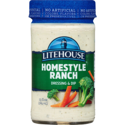 No artificial colors, flavors or preservatives. Gluten free. Crafted 100% employee owned with care. Real ingredients. Because taste matters. Dip, Spread & more. No high fructose corn syrup. Customer Satisfaction Guarantee By: Litehouse, Inc. Sandpoint, Idaho 83864. litehousefoods.com. Endless options at litehousefoods.com.