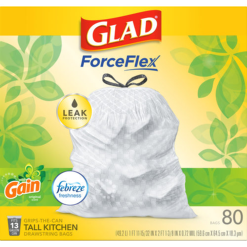 (49.2 l) 1 Feet 11-15/32 in x 2 Feet 1-3/8 in x 0.72 mil (59.6 x 64.5 cm x 18.3 micrometer). Febreze freshness. Fits 13 gallon can. Odor Protection. Leak Protection: Steadyrelease for long lasting odor control Ripguard protection. Leakguard protection. Traps- locks neutralizes odors. Grips-the-can drawstring bag. Neutralize Odors Long-lasting odor control for even the strongest trash odors, leaving behind a fresh clean scent. www.Glad.com. Questions? comments? Visit our website at www.Glad.com. call 1-800-835-4523. We have you covered Glad Beachside breeze small trash fits up to 4 gallons cans. Glad Forceflex Plus tall kitchen trash fits up to 13 gallon cans. Glad Forceflex large outdoor trash fits up to 30 & 33 gallon cans. Carton made with 100% recycled paperboard minimum 35% post consumer content. Made in USA of global components.