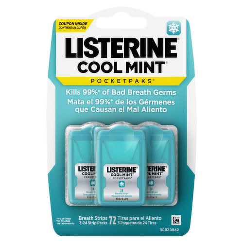 Refresh your bad breath with Listerine Cool Mint PocketPaks Fresh Breath Strips for bad breath. These refreshing mint breath strips dissolve instantly, killing 99 percent of germs that cause bad breath.* Conveniently portable to freshen breath on-the-go, slip your pack into your purse or pocket, so you can easily get fresh breath and kill bad breath germs after your morning coffee or before an important meeting or date. Each fresh breath strip has a refreshing Cool Mint flavor to leave your mouth feeling clean and fresh. *In laboratory tests.