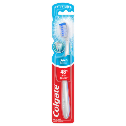 360 degrees sensitive. 48% softer bristles (vs. an ordinary soft manual toothbrush). Gentle cleaning bristles for sensitive teeth and gums. Cheek and tongue cleaner comfortably removes odor-causing bacteria. Cleans: teeth, tongue. cheeks. Gums.  www.colgate.com. how2recycle.info. Questions? US: 1-800-468-6502. www.colgate.com. 1 billion + children educated on oral health globally. Learn more at www.colgate.com. Working towards a zero waste future. Save water. 89% recycled paperboard backercard.  Made in Switzerland.