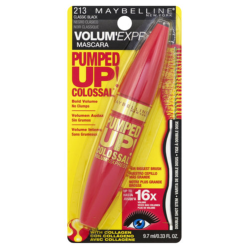 With collagen. Bold volume. No clumps. Our biggest brush. Up to 16x volume. Double shot stem. Washable Mascara: Innovative double pump wand for pumped up lashes with blackout impact. Volume-pumping formula for up to 16x volume. Ophthalmologist tested. Suitable for contact lens wearers. www.maybelline.com.