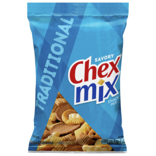 Your taste buds are wanting something savory. Your mind is bored with ordinary snack foods. Your hand reaches for Chex Mix Traditional Savory Snack Mix and voilà … snack craving solved. Chex Mix party mix gives you a deliciously unpredictable combination of shapes, tastes and textures in every handful. With 60% less fat than regular potato chips, this snack mix makes a great choice for after-school snacks, office snacks or travel snacks.