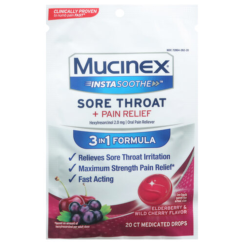 Mucinex InstaSoothe Sore Throat + Pain Relief, 3 in 1 Formula, Medicated Drops, Elderberry & Wild Cherry Flavor