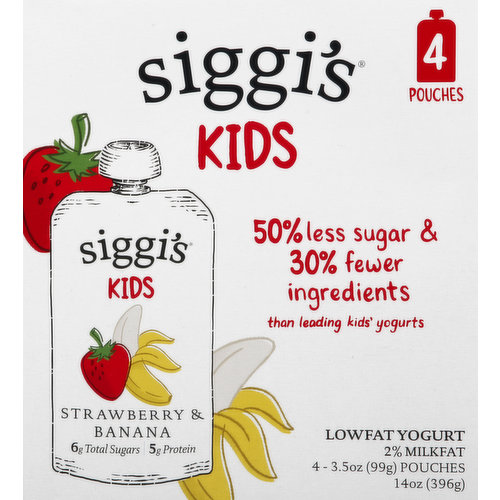 6 g total sugars. 5 g protein. Certified Gluten-free. 2% milkfat. 50% less sugar & 30% fewer ingredients than leading kids' yogurts. On average, Siggi's pouches have 7.5 ingredients, 1.7 g sugar per oz. compared to the leading kids' yogurt average of 11.3 ingredients, 4 g sugar per oz. All natural. No high fructose. No artificial sweetener. No gelatin. No artificial coloring. No preservatives. No juice or concentrates. No preservatives. No rBST (no significant difference has been shown between milk derived from rBST treated and non-rBST treated cows). Grade A.