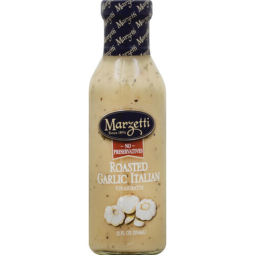 Since 1896. No preservatives. Roasted Garlic Vinaigrette is a zesty combination of Italian seasonings blended with white wine vinegar, accented with roasted garlic and red bell pepper. Great on a bed of spring lettuce with your favorite cheese. Marzetti vinaigrette dressings are made with only the finest ingredients, assuring you of the legendary quality you expect from Marzetti. One taste and you will know the difference. Produced with genetic engineering. Questions or Comments? www.marzetti.com; 1-800-999-1835.