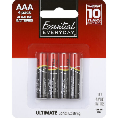 1.5 V. Guaranteed for up to 10 years (when stored in a cool dry place) in storage. Ultimate long lasting. Great products at a price you'll love - that's Essential Everyday. Our goal is to provide the products your family wants, at a substantial savings versus comparable brands. We're so confident that you'll love Essential Everyday, we stand behind our products with a 100% satisfaction guarantee. 100% Quality Guaranteed: Like it or let us make it right. That's our quality promise. 877-932-7948. essentialeveryday.com. Made in China.
