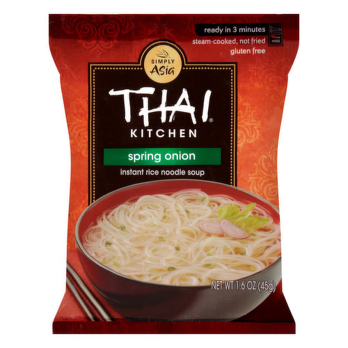 Gluten free. Ready in 3 minutes. Steam-cooked, not fried. Mild. Specially blended seasonings combined with delicate rice noodles are what make Thai soups so memorable. Now with Thai Kitchen Spring Onion Instant Rice Noodle Soup you can enjoy a delicious noodle soup made with green onions and spices in just minutes. Our rice noodles are gluten-free, egg-free and steam-cooked, never fried - a tasty snack or meal. Make Your Kitchen A Thai Kitchen.  thaikitchen.com. We welcome your questions & suggestions. 1-800-967-Thai (8424). info(at)thaikitchen.com. For more delicious recipes visit: thaikitchen.com. Try our complete portfolio of product. Product of Thailand.