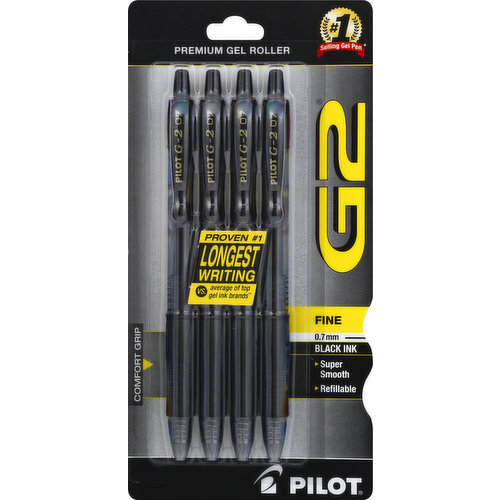 G27C4BLK Premium gel roller. No. 1 selling gel pen (Source: No. 1 selling gel pen, NPD. Data on file). Proven no. 1 longest writing vs. average of top gel ink brands. Comfort grip. Super smooth. Refillable. America's go-2 gel ink pen. Super Smooth Writing: Featuring pilot's unique gel ink formula. Longest Writing Gel Ink Pen (Independent ISO Testing: Average of G2 write out (all point sizes) compared to the average of the top branded gel ink pens tested (all point sizes). Data on file): Writes longer providing exceptional value. Comfortable Rubber Grip: Contoured design fits your hand. Refillable for Continued Use: Use the G2 refill.   www.pilotpen.us. Available in four point sizes with assorted ink colors. Ultra fine point (0.38 mm). Extra fine point  (0.5 mm). Fine point (0.7 mm). Bold point (1.0 mm). Made in Japan.