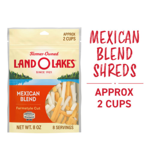 With Land O Lakes Mexican Blend Cheese Farmstyle Shreds, you can make any breakfast, lunch, dinner or snack even more delicious. This mix of shredded cheddar, Monterey Jack, asadero and queso quesadilla cheeses gives irresistible flavor to your tacos, enchiladas and more. The farmstyle Mexican blend cheese shreds are thick-cut to add even more cheesy goodness to your favorite dish. Whether you like to snack straight from the bag or want a quick and easy way to upgrade the flavor of any homemade dish, Land O Lakes Shredded Mexican Blend Cheese is the perfect cheesy companion. These Mexican blend cheese shreds melt with ease so you never have to wait long before you can enjoy your delicious, cheesy meal. Land O Lakes Mexican Blend Shredded Cheese is an excellent choice for queso dip, nachos and all your favorites to make them even more cheesy. Every purchase supports farmer-owners in communities across the country. Land O Lakes Mexican Blend Cheese Farmstyle Shreds — Eat It Like You Own It.