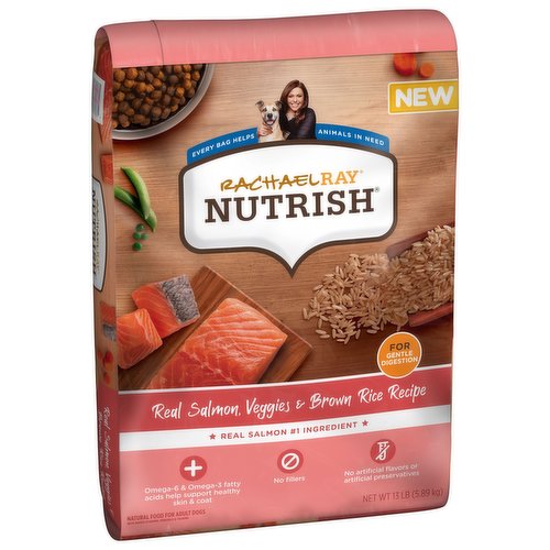 Give your dog a real catch at mealtime with Rachael Ray Nutrish Real Salmon, Veggies & Brown Rice Recipe. This natural dry dog food recipe is made with simple, delicious ingredients plus added vitamins, minerals and taurine to help support your dog’s digestive health and give them the nutrition they need. The recipe’s number one ingredient, real salmon, is rich in protein to help support healthy organs and maintain lean muscle mass. Salmon is a premium protein source that can be a healthy way to add variety to your dog’s meals. Brown rice, peas and carrots are great sources of fiber to help support gentle, healthy digestion. Plus, there’s no poultry by-product meal, fillers, or added wheat, and no artificial flavors or preservatives. Just good, wholesome food inspired by Rachael’s kitchen that your dog is sure to love.