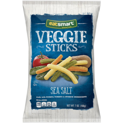 Made with potato, tomato & spinach ingredients. Per 28 g Serving: 140 calories; 1 g sat fat (4% DV); 210 sodium (9% DV); 0 g total sugars. 58 sticks per serving. From the makers of America’s favorite pretzel brand. Synder’s of Hanover. Veggie Sticks are made with potato, tomato & spinach ingredients. Then they're seasoned with sea salt to bring out the subtle veggie flavors and prepared in 100% expeller pressed sunflower oil. This smart snack with a satisfying crunch, will leave you with feelings of more good & less guilt. eatsmartsnacks.com.  Check us out at facebook.com/eatsmartsnack. Follow us on Twitter (at)eatsmart.com. Visit us at easmartsnacks.com.