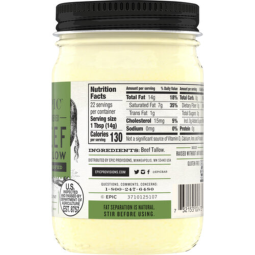 Epic Rendered Grass-Fed Plain Beef Tallow