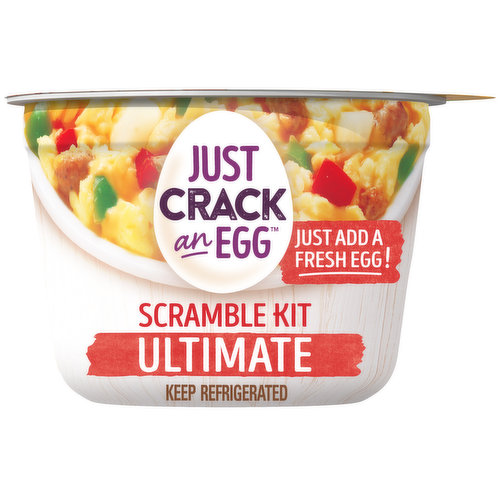A tasty scramble ready in two minutes? Get outta here! Just Crack an Egg Scramble Breakfast Bowl Kits have everything you want in a morning starter. Ready in less than two minutes, our Just Crack an Egg Ultimate Scramble Breakfast Bowl Kit is made with pork sausage, mild cheddar cheese, diced Ore-Ida potatoes, onions, and green and red peppers. Simply add a fresh egg, stir the ingredients and microwave for a quick and easy bowl at home or on the go. Try preparing yours with two eggs for a heartier option. Our scrambled egg cups can also be made with egg whites. The ultimate scramble breakfast bowl kit is a good source of protein to start the day off right. Keep the breakfast bowl kits refrigerated until you’re ready to prepare.