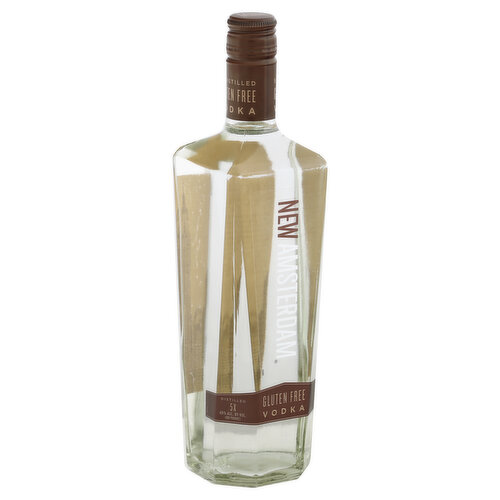 5x distilled. Gluten free. Distilled 5x. Crafted from the finest ingredients. Born from an uncompromising passion for great vodka, our gluten free vodka is crafted to be a unique expression in our award-winning line-up. We select the finest corn from the heartland to distill into exceptional gluten free vodka. We then go further, meticulously filtering it three times to ensure a crisp and clean tase. Our commitment to excellence guarantees unparalleled smoothness and sets the standard for quality in a gluten free vodka. 100% corn neutral spirits. NewAmsterdamSpirits.com Contact Us: 1-877-879-2446. NewAmsterdamSpirits.com. 40% alc. by vol. 80 Produced and bottled for New Amsterdam Spirits Company, Modesto, CA.