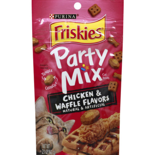 Natural & artificial. Made with real chiken. Tender. Crunchy. With chicken & waffle flavors packed into every bite, your cat's taste buds have never enjoyed a party quite like this. Crunchy outside. Tender inside. Less than 2 calories per treat helps clean teeth. Calorie Content (Calculated) (ME): 3950 kcal/kg, 1.4 kcal/piece. Purina.com. Friskies.com/treats. Printed in USA.