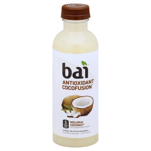 Antioxidant beverage. With other natural flavors. 5 calories per 8 oz serving. 1 g sugar. No artificial sweeteners. Sweet by nature. Antioxidant infused. Exotic flavor that sends your tongue on a tropical tastecation. The flavor in this bottle is so big and authentic, it almost tastes as perfect as what an empty hammock between two palms looks like. It's as if the 1 gram of sugar is as sweet as a hidden Hawaiian white sand beach. It's nearly like the 5 calories are as beautiful as a waterfall in the rainforest. In short, this bottle is almost like paradise itself. Without getting leid. Sorry. Facebook. Twitter. Instagram. Pinterest. (Hashtag)DrinkBai. DrinkBai.com. Contains 6% juice. 5 calories per serving. Excellent source of vitamin C. 1 net carb per serving (Erythritol carbs have no calories or effect on blood sugar). Antioxidants (per bottle): 35 mg vitamin C; 50 mg polyphenols & chlorogenic acid from coffeefruit extract and white tea extract. Nature's Caffeine: 35 mg per serving. Like a cup of green tea. No artificial preservatives. Gluten free. Kosher. Low glycemic. Vegan. Non-GMO. Soy free. Natural source of electrolytes. PET 1 (BPA free) Never hot filled.