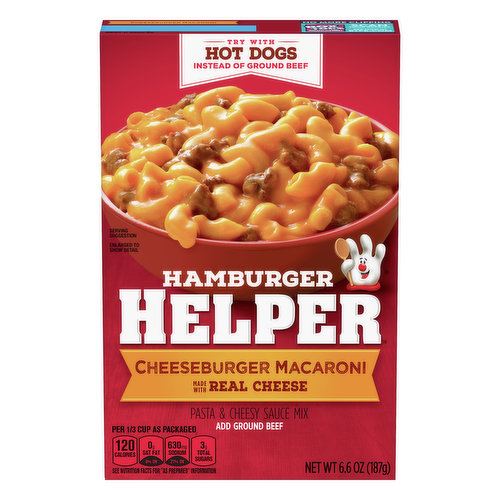 Made with real cheese. Per 1/3 Cup as Packaged: 120 calories; 0 g sat fat (0% DV); 630 mg sodium (27% DV); 3 g total sugars. See nutrition facts for as prepared information. Contains Bioengineered food ingredients. Learn more at ask.generalmills.com. Add ground beef. Add your own twist! www.HamburgerHelper.com. Questions? Call 1-800-828-3291.www.HamburgerHelper.com. Looking for more ways to add a fresh twist? Visit hamburgerhelper.com. Box Tops for Education: No more clipping. Scan your receipt. See how at btfe.com. 100% recycled paperboard.
