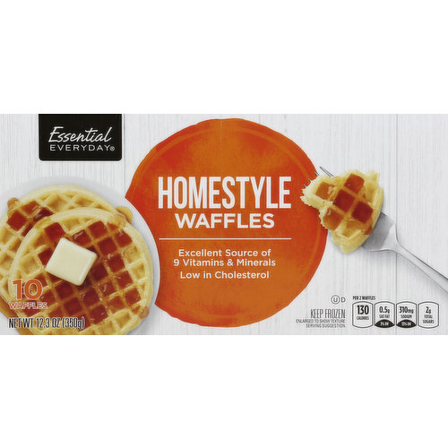 Excellent source of 9 vitamins & minerals. Low in cholesterol. Per 2 Waffles: 130 calories; 0.5 g sat fat (3% DV); 310 mg sodium (13 DV%); 2 g total sugars. Great Products: At a price you'll love — that's essential everyday. Our goal is to provide the products your family wants, at a substantial savings versus comparable brands. We're so confident that you'll love essential everyday, we stand behind our products with a 100% satisfaction guarantee. 100% Quality Guaranteed: Like it or let us make it right. That's our quality promise. essentialeveryday.com. Product of USA.