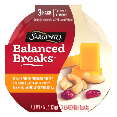 Natural sharp cheddar cheese, sea-salted cashews & cherry juice-infused dried cranberries. 3 Pack: 7 g protein; 180 calories. See nutrition information for total fat & saturated fat content. Lou & Louie Gentine, 2nd & 3rd Generation Sargento Owners. sargento.com/balancedbreaks. Go to sargento.com/balancedbreaks to learn more. Questions or Comments: Please call Sargento Consumer Affairs at 1-800-Cheeses (1-800-243-3737) from 9 am to 4 pm (Central Time), Monday-Friday. Please provide the freshness date on the package and the UPC bar code numbers.