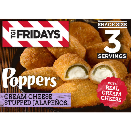 Enjoy your TGI Fridays menu favorites at home with our easy restaurant style appetizers. Ready to heat, TGI Fridays Cream Cheese Stuffed Jalapeno Poppers are a quick and delicious appetizer or party food. Our TGIF crispy breaded jalapeno poppers are stuffed with real cream cheese. Packaged in a box for convenient storage, you can heat our jalapeno poppers in a conventional oven or deep fryer. Store our 8-ounce box of cream cheese stuffed jalapeno poppers in the freezer until ready to prepare. Whether you’re craving jalapeno poppers, potato skins, spinach artichoke dip, chicken bites and wings, mozzarella sticks or sliders, TGI Fridays has frozen appetizers the whole family will enjoy.