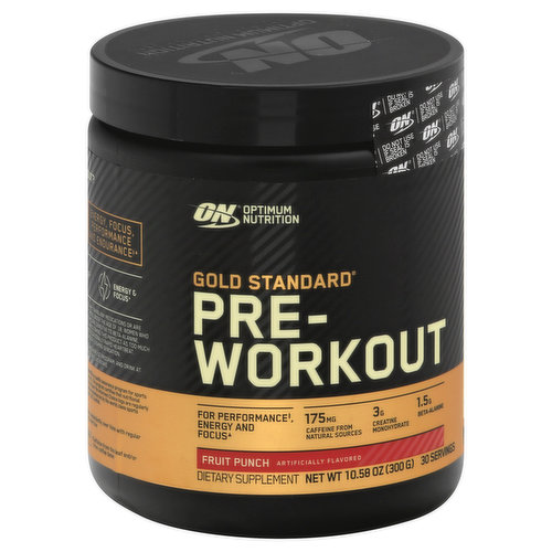 Dietary Supplement. Artificially flavored. 30 servings. 175 mg caffeine from natural sources; 3 g creative monohydrate; 1.5 g beta-alanine. Why gold standard Pre-Workout? 10 g (one scoop) provides: Caffeine 175 mg; beta-alanine 1.5 g; creatine monohydrate 3 g; micronizes L-citrulline 750 mg. Energy, focus, performance and endurance (when taken consistently over time with regular resistance exercise). For intense energy and focus (when taken consistently over time with regular resistance exercise). Endurance (When used consistently over time, in addition to regular resistance exercise). Performance (When used consistently over time, in addition to regular resistance exercise). Energy & focus. Informed WE Test. You Trust Choice: Informed Choice is a quality assurance program for sport nutrition products. The program certifies that nutritional supplements that bear the informed choice logo are regularly tested for banned substances by the World class sports anti-doping lab, LGC limited. Contents sold by weight not volume. Serving scoop included, but may settle to the bottom during shipping. Authentic Optimum Nutrition product. optimumnutrition.com/authentic. optimumnutrition.com. Check out optimumnutrition.com for recipes and training tips. (These statement has not been evaluated by the Food and Drug Administration. This product is not intended to diagnose, treat, cure, or prevent any disease.) Manufactured in the USA. This product contains ingredients of international and domestic origin.