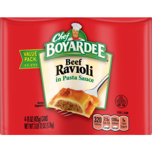 No artificial flavors. Per 1 Can: 320 calories; 2.5 g sat fat (13% DV); 1350 mg sodium (5.9% DV). 5 g total sugars. Quality ingredients since 1924. No artificial colors. No preservatives. US inspected and passed by Department of Agriculture. www.chefboyardee.com. how2recycle.info. Smartlabel: Scan or call 1-800-544-5680 for more food information. Question or comments, visit us at www.chefboyardee.com or call Mon. - Fri., 1-800-544-5680 (except national holidays). Please have entire package available when you call so we may gather information off the label.