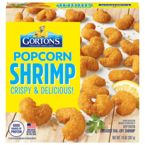 Trusted since 1849. Crispy & delicious! Relax and enjoy! 100% tender whole shrimp. Lightly seasoned, crispy panko breadcrumbs. The Gorton's Fisherman. Fresher, better ingredients make better tasting food. 100% tail-off shrimp. Breadcrumb coating. Vegetable oil. Gorton's tests to ensure strict compliance with both Gorton's and Government quality and safety standards, including those for mercury. Sustainable Forestry Initiative: Certified sourcing. www.sfiprogram.org.