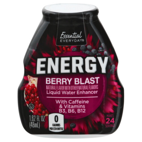 Natural flavor with other natural flavors. 0 calories per 1/24 bottle. Contains 50 mg caffeine per 8 fl oz serving. Gluten free. With caffeine & vitamins B3, B6, B12. Makes 24 servings. essentialeveryday.com. Product of USA.