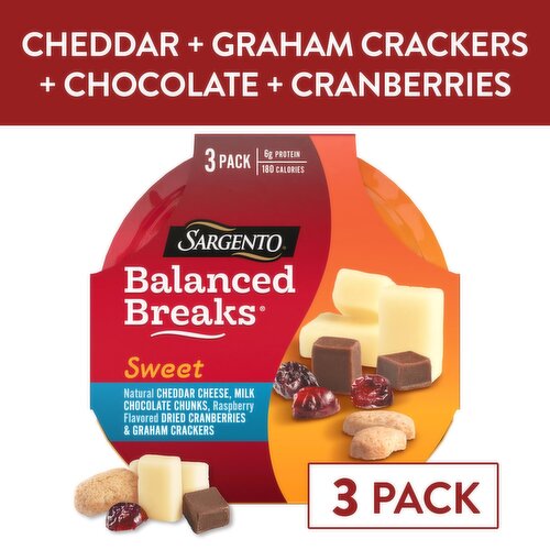 SARGENTO Sargento® Sweet Balanced Breaks® Natural Cheddar Cheese, Milk Chocolate Chunks, Raspberry Flavored Dried Cranberries and Graham Crackers, 3-Pack