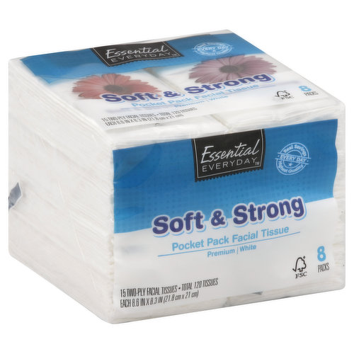 8.6 x 8.3 inch. 15 two-ply tissues. Total 120 tissues. Premium. Real savings, highest quality every day. Great products at a price you'll love - that's Essential Everyday. Our goal is to provide the products your family wants, at a substantial savings versus comparable brands. We're so confident that you'll love Essential Everyday, we stand behind our products with a 100% satisfaction guarantee. The mark of responsible forestry practices for a sustainable future. Rainforest Alliance certified. FSC Mix: Paper from responsible sources. Product of USA.
