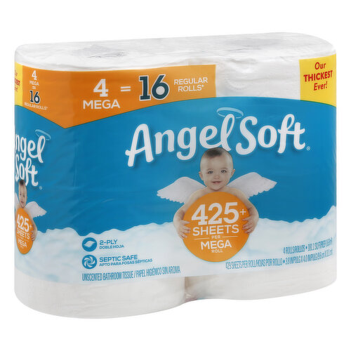 3.8 in x 4 in (9.6 cm x 10.1 cm). 429 sheets per roll. 181.1 sq ft (168 sq m). 4 mega = 16 regular rolls (Based on number of sheets in Angel Soft Regular Roll). Our thickest ever! Septic safe. 425+ sheets per mega roll. An ideal balance of softness & strength. 1 mega roll equals 4 regular rolls (Based on number of sheets in Angel Soft Regular Roll) for longer lasting rolls and less roll changes. 2-ply with softshield layers. Flushable and septic safe for standard sewer and septic systems. www.angelsoft.com. how2recycle.info. Sustainable Forestry Initiative: Certified Sourcing. www.sfiprogram.org.