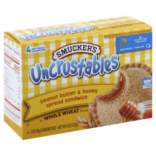 Smucker S Uncrustables Sandwich On Whole Wheat Bread Peanut Butter Honey Spread