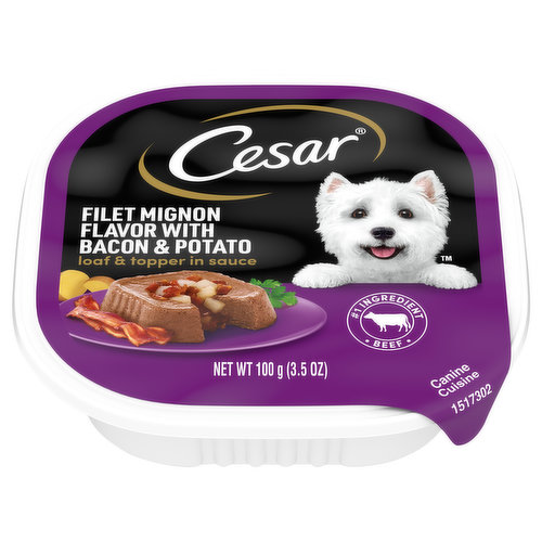 Cesar Canine Cuisine, Filet Mignon Flavor with Bacon & Potato, Loaf & Topper in Sauce