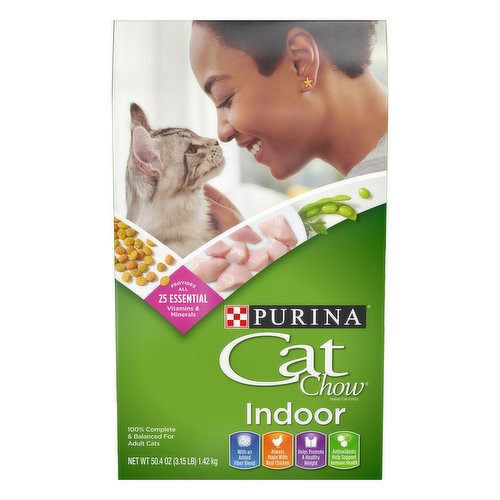 Calorie Content (Calculated)(ME): 3372 kcal/kg, 358 kcal/cup. Purina Cat Chow Indoor is formulated to meet the nutritional levels established by the AAFCO Cat Food Nutrient Profiles for maintenance of adult cats. 100% complete & balanced for adult cats. Provides all 25 essential vitamins & minerals. With an added fiber blend. Always made with real chicken. Helps promote a healthy weight. Antioxidants help support immune health. How do you help your cat feel great inside and out? Antioxidants help support immune health. With an added fiber blend. Formulated to help maintain a healthy weight. Always made with real chicken and accents of garden greens. Trusted Nutrition: Checked for quality and safety. Purina: Your pet, our passion. The Purina Promise: Pets are our passion. Safety is our promise. Progress is our pledge. Follow us at purina.com. how2recycle.info. Purina.com. Twitter. Facebook. Every ingredient has a purpose. PurinaCatChow.com/Ingredients. We're listening. Visit us online at Purina.com or call 1-888-CATCHOW (1-888-228-2469). Reward Both of You: Sign up for My Purina Cat Chow Perks and earn points towards great rewards like coupons and swag. My Perks. myperks.catchow.com. Proven Recipes: Each Cat Chow formula is thoughtfully designed to deliver complete nutrition and a flavor cats love. Find the right one for your cat. Crafted in Purina-owned facilities in the USA. Crafted in USA facilities. Printed in USA.