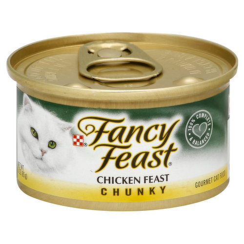 100% complete & balanced. Recyclable aluminum. Purina.com. Fancy Feast Chunky Chicken Feast is formulated to meet the nutritional levels established by the AAFCO Cat Food Nutrient Profiles for all life stages. Calorie Content (calculated) 1117 kcal/kg 95 kcal/can. Please recycle. Printed in USA.