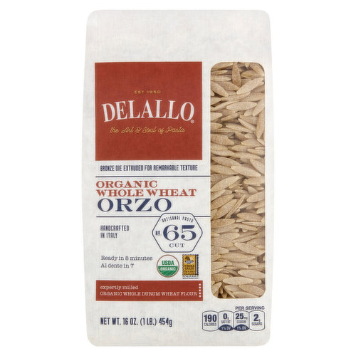 Delallo Orzo, Organic, Whole Wheat, No. 65 Cut