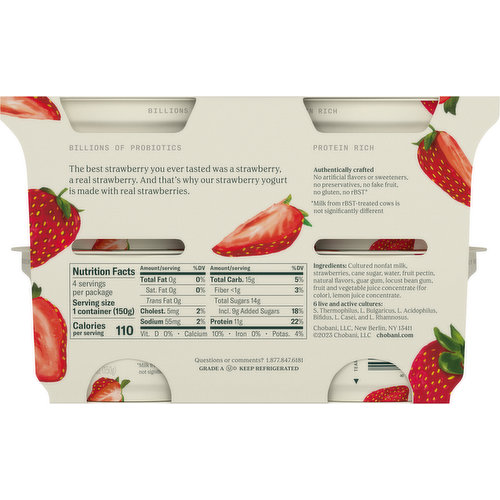 Chobani Yogurt, Greek, Nonfat, Strawberry on the Bottom, Value 4 Pack